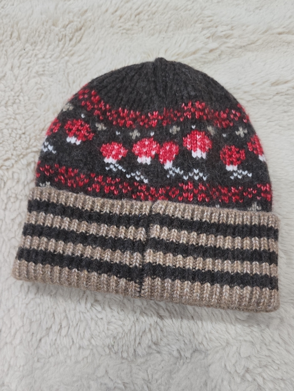 Urban Outfitters Striped Cuff Fair Isle Beanie in Dark Gray, Red & Tan